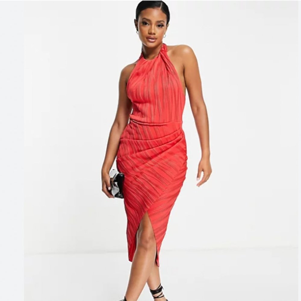 ASOS DESIGN high-neck ripple texture wrap midi dress w/ tie back in red sz4 NWOT